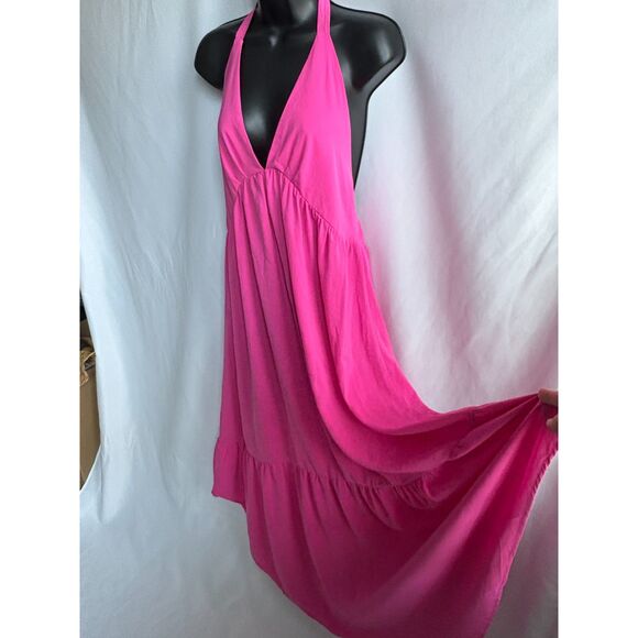 Maxi Magenta Hot Pink Halter Neck Dress Size M Barbiecore Feminine Open Back - Picture 4 of 10
